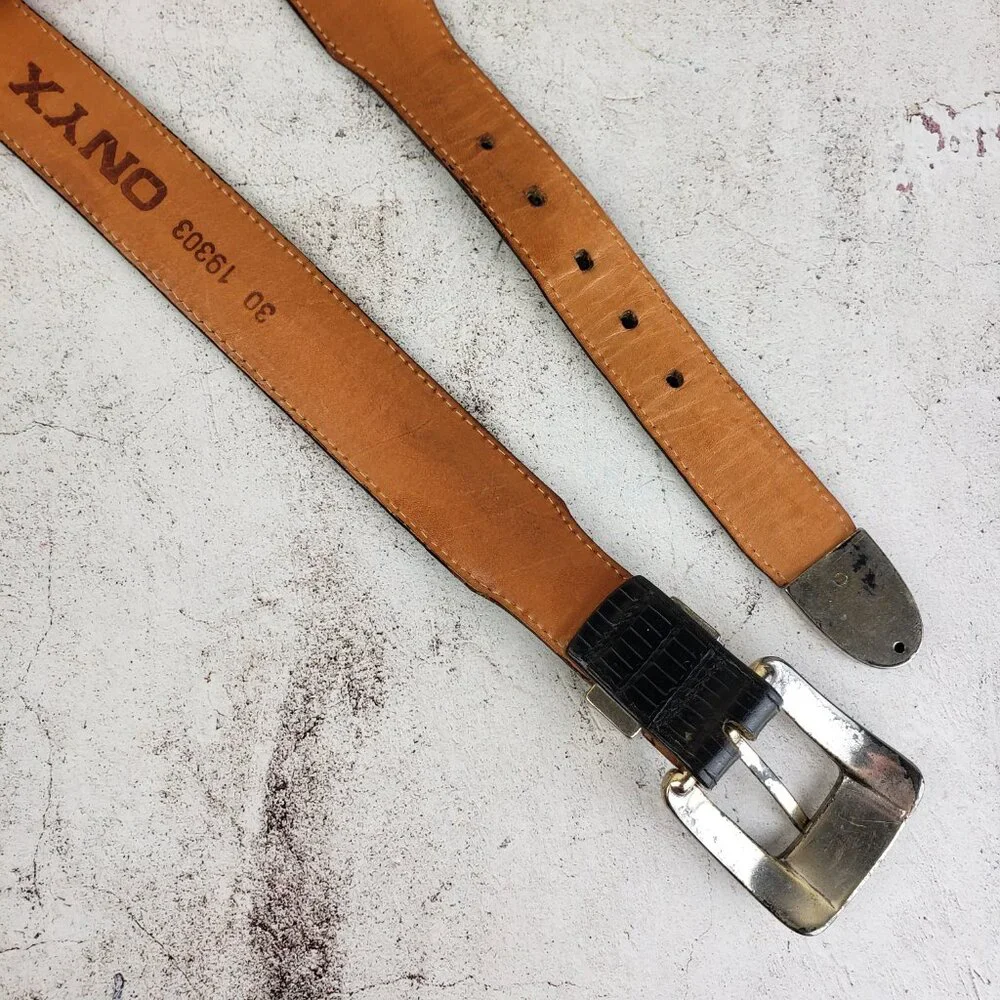 Vintage Brighton ONYX Leather Belt Western Black Croc Texture Patina Rustic Boho